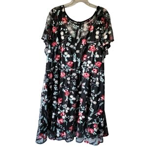 Lane Bryant Black With Red Floral Lace Mesh Overlay Midi Dress Plus Size 26 NWT